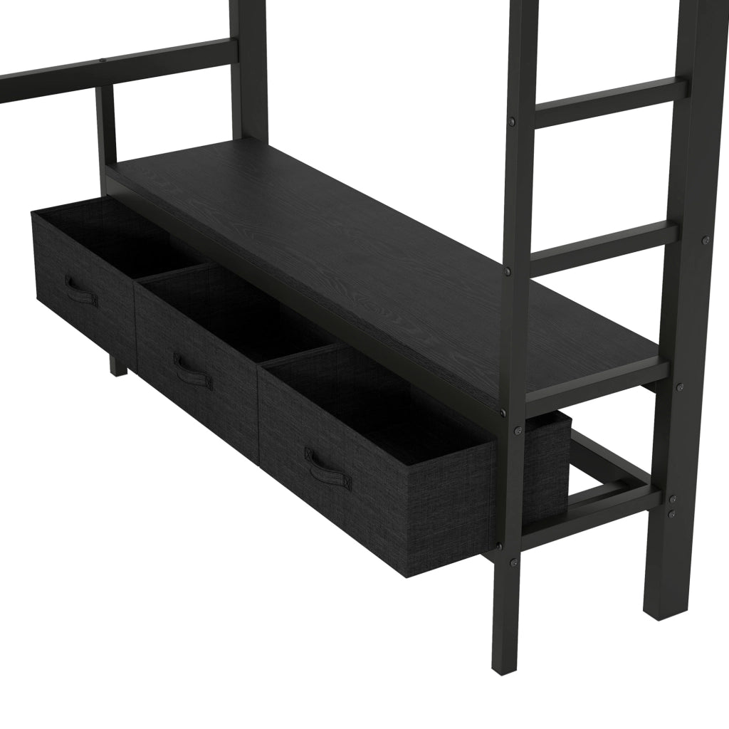 Letto a soppalco 140x200 cm nero – scrivania, contenimento e LED, senza materasso