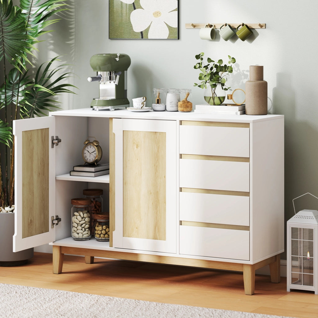 Mobile Buffet con 2 Ante e 4 Cassetti ¨C Xylo ¨C Bianco e Rovere 120x40x86 cm