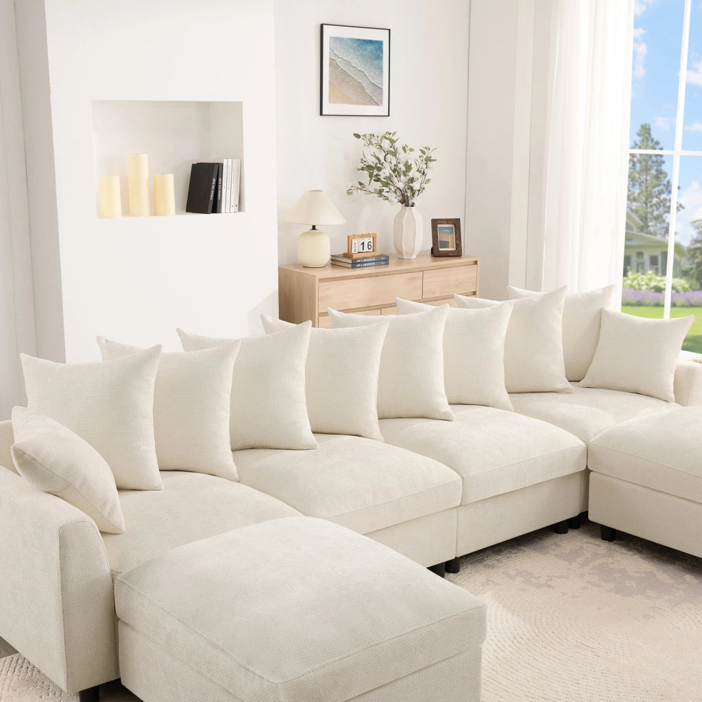 Sofa modulare angolare 6 posti in tessuto chenille beige con USB e Type-C; 283 cm