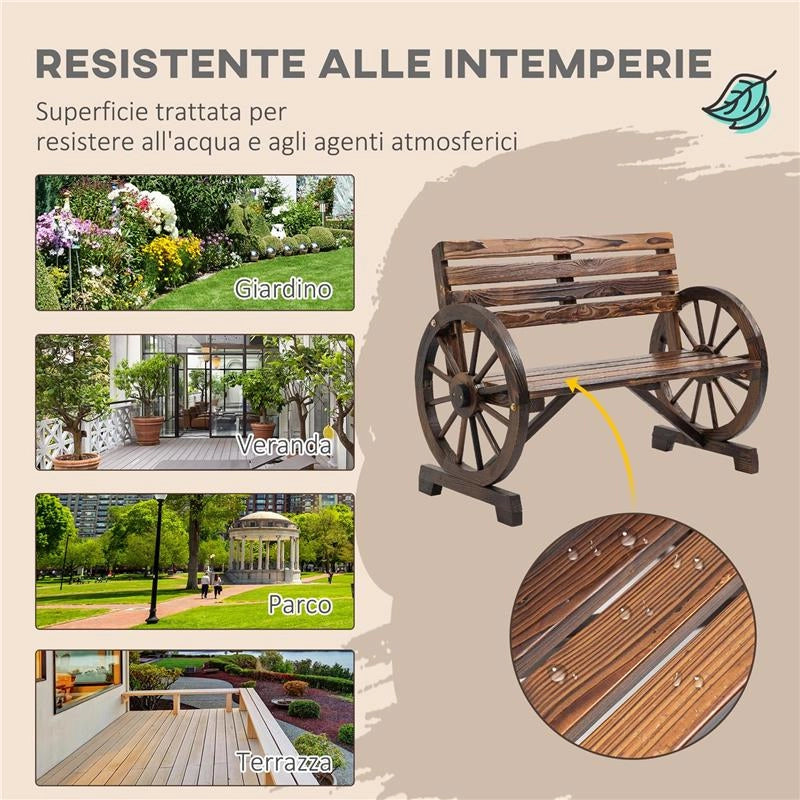 PANCHINA DA GIARDINO 2 POSTI A DOGHE CON BRACCIOLI A RUOTA DI CARRO, IN LEGNO, 105.5X56X79 CM, MARRONE BRUCIATO