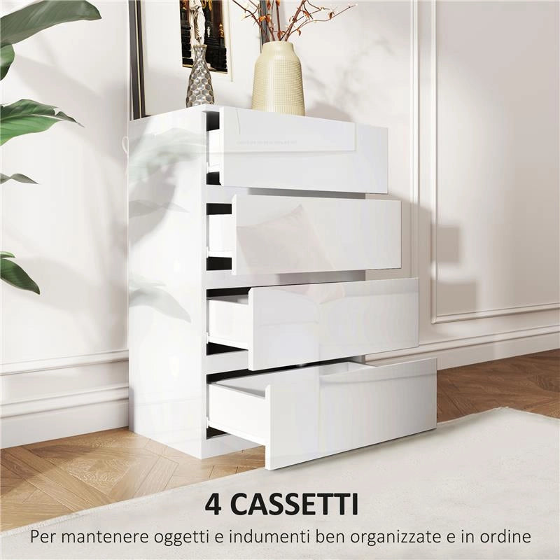 CASSETTIERA MODERNA 4 CASSETTI ANTIRIBALTAMENTO IN LEGNO, 55X33X80 CM, BIANCO LUCIDO