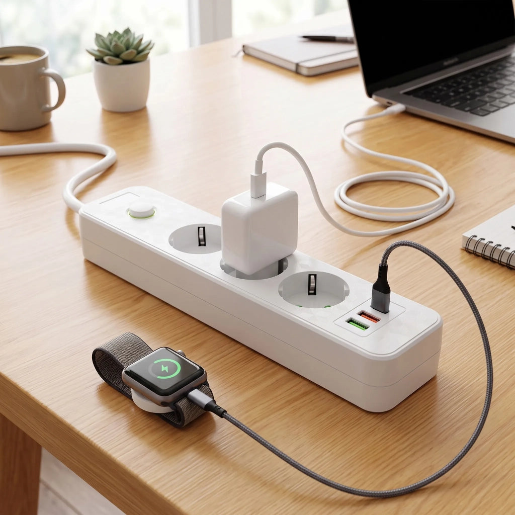 Multipresa Con Prolunga, 3 Prese + 2 Porte Usb-a + Usb-c Jnh020-3a White
