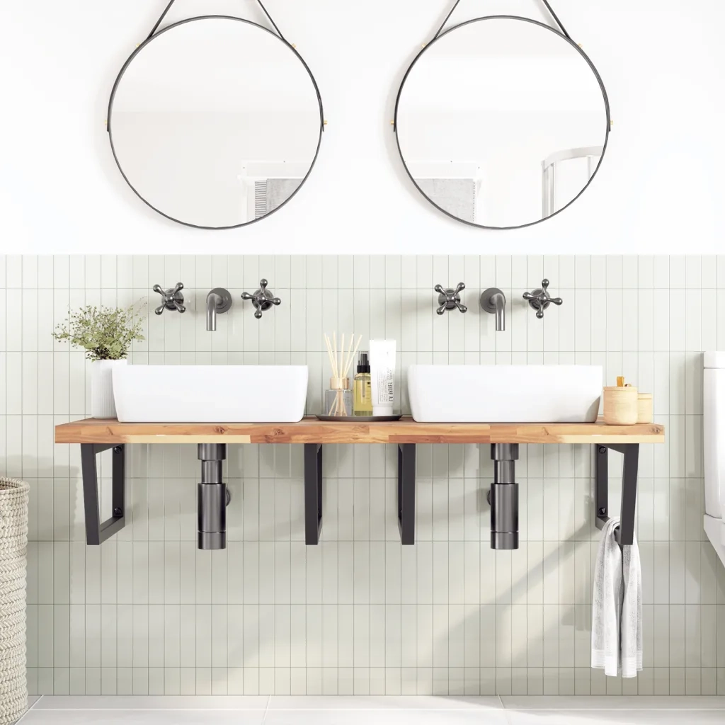 Ripiano a Parete per Lavabo in Acciaio e Massello di Acacia 3302919