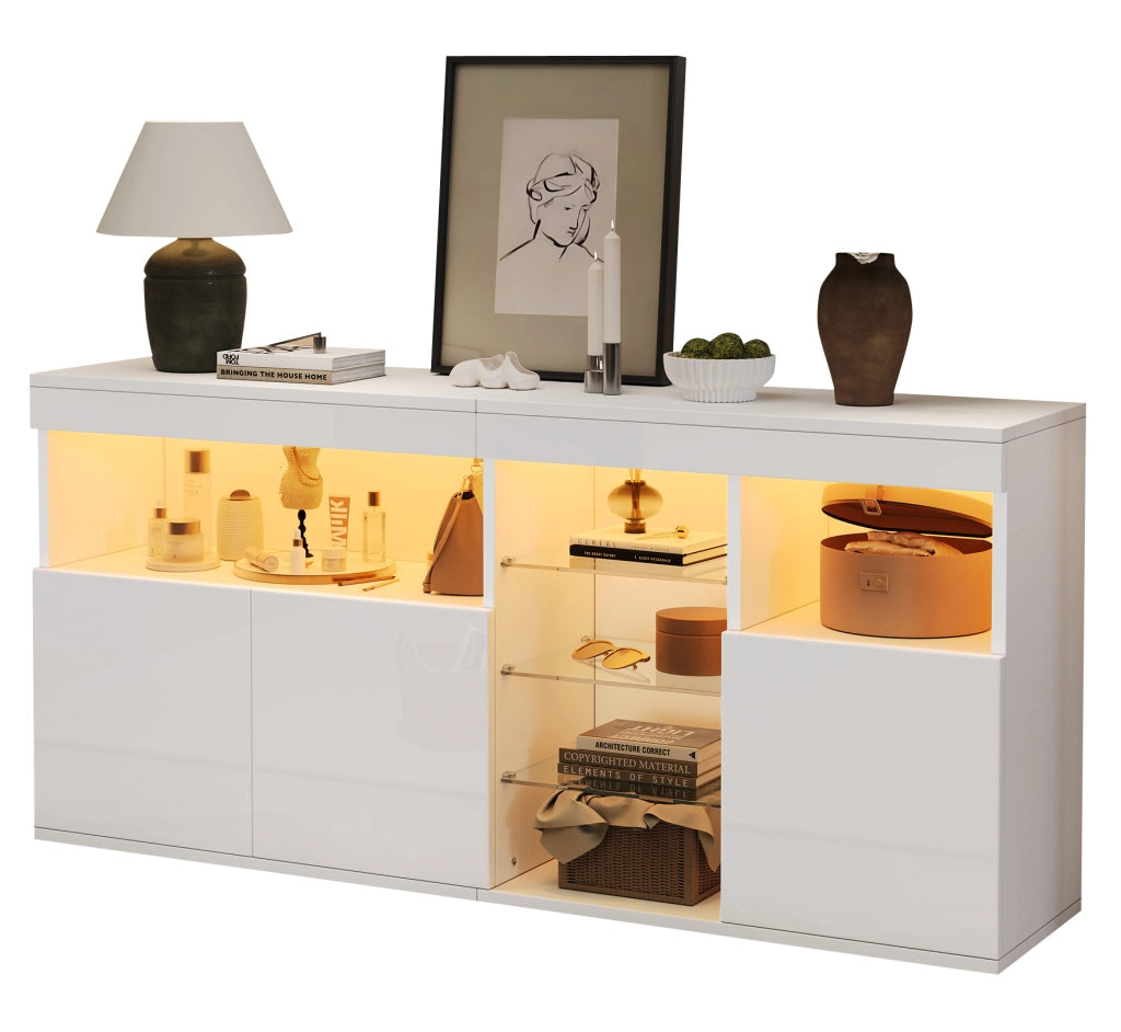 Credenza LED bianca 155,5 x 35 x 72 cm in pannello di particelle e vetro
