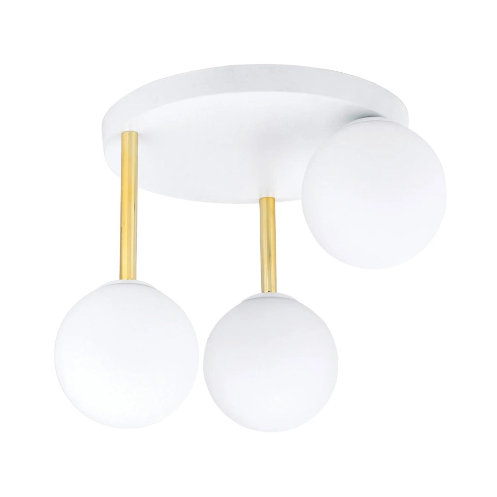 Plafoniera Contemporanea 3 Luci Teseo In Acciaio Bianco Oro E Sfere Vetro Bianco
