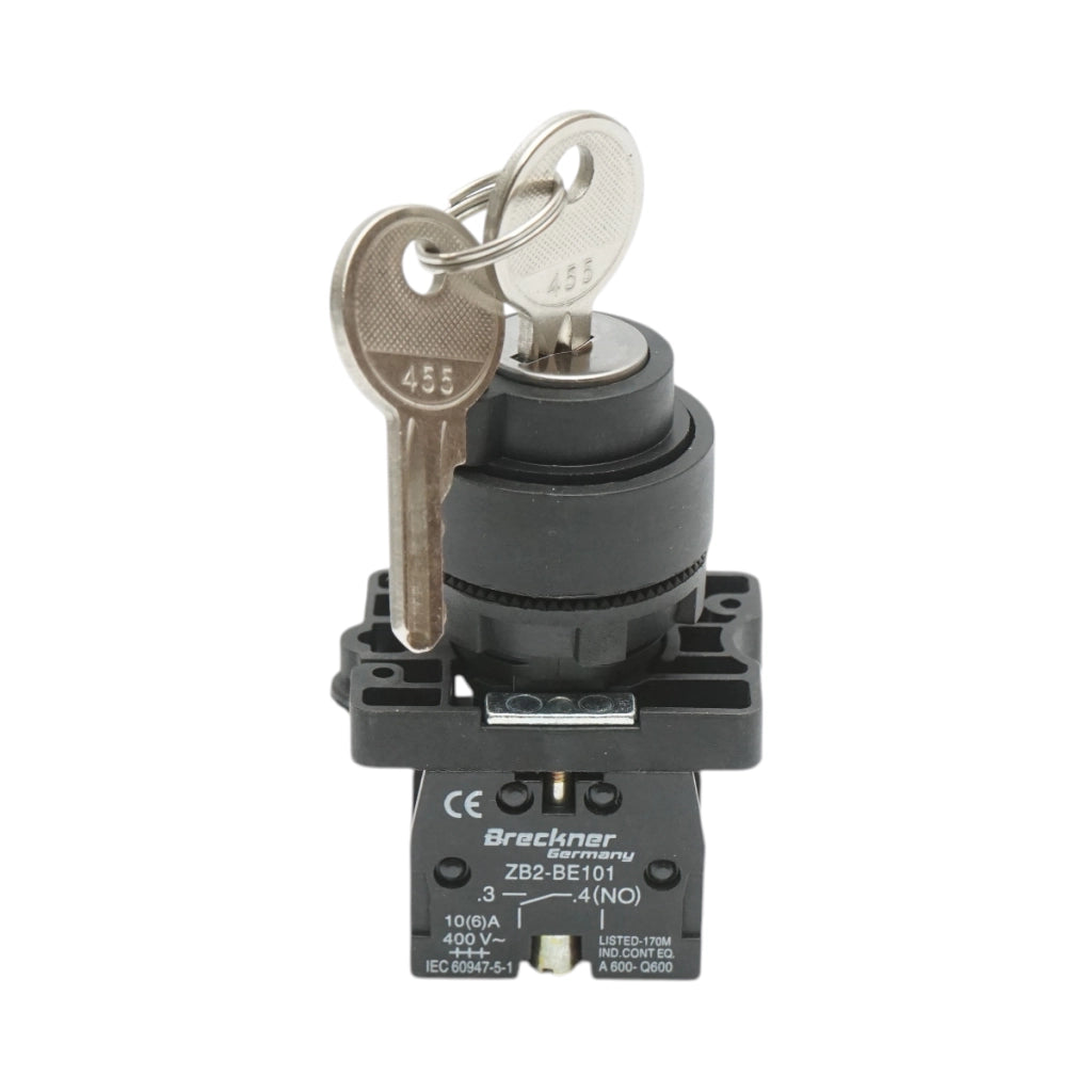 Selettore a 2 posizioni con blocco e chiave 1NO, 400V/10A, LAY5-EG21 Breckner Germany