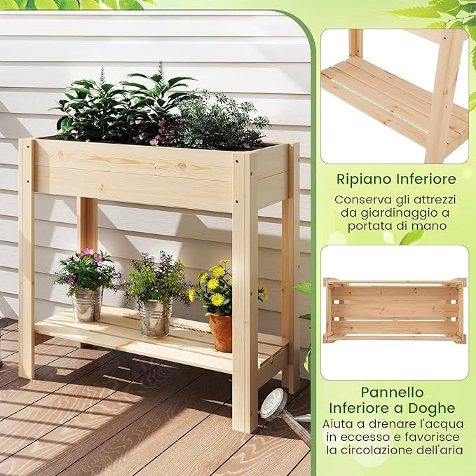 Letto da Giardino Rialzato in Legno, Fioriera Elevata con Ripiano, Drenaggio, Contenitore per Fiori, Erbe e Frutta, Scatola da Giardinaggio per Interno ed Esterno, 81x37x77CM