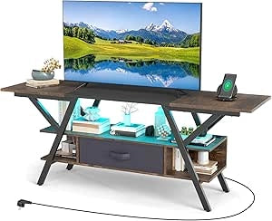 Mobile Porta TV per Schermo fino a 65'', Tavolo per TV con Luci LED Regolabili, Stazione di Ricarica e Telecomando, Consolle Media a 3 Ripiani con Cassetto per Soggiorno, 140x40x54cm (Marrone)
