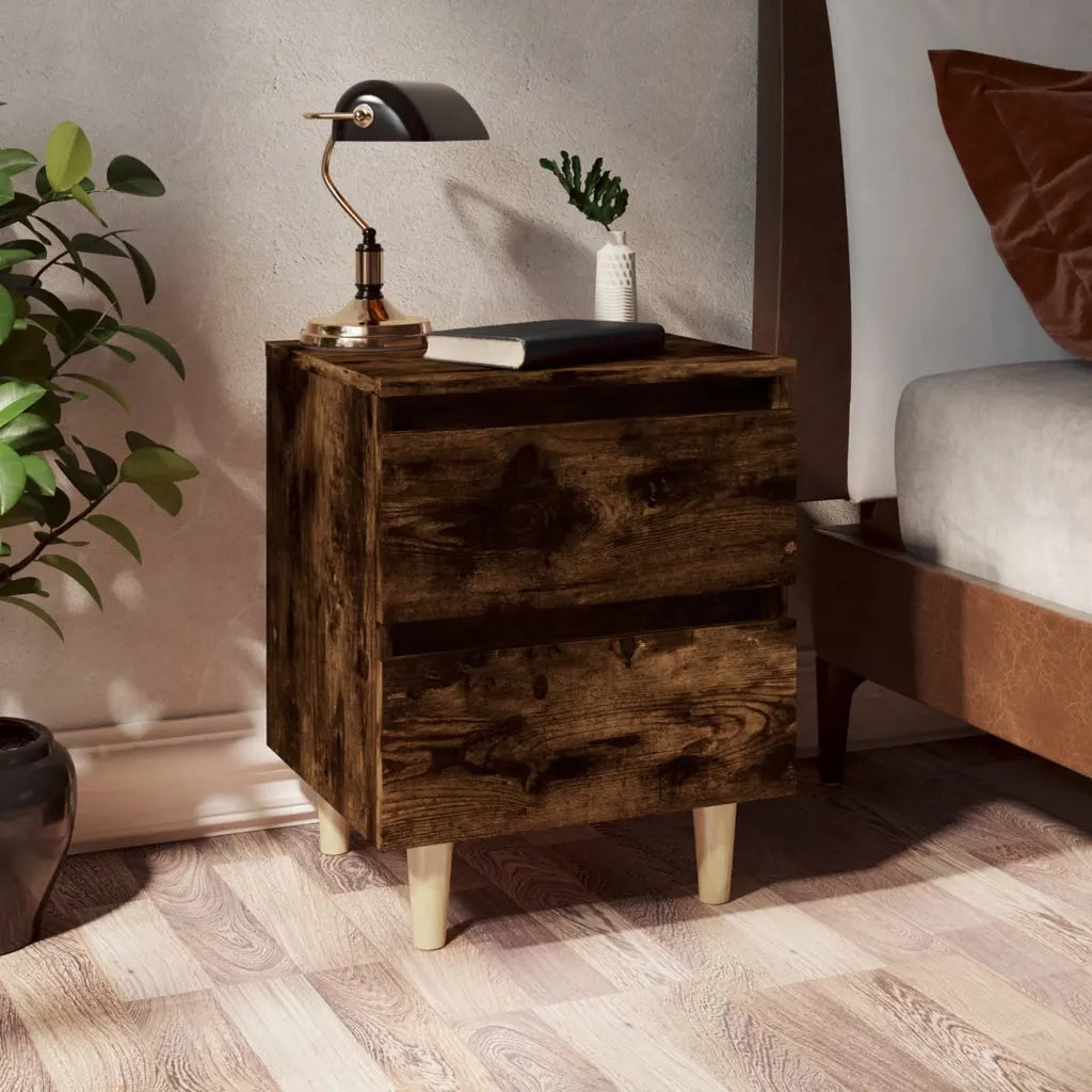 Set di 2 Comodini | Armadio da Notte | Mobiletto da notte con Gambe in Legno Massello Rovere Fumo 40x30x50cm
