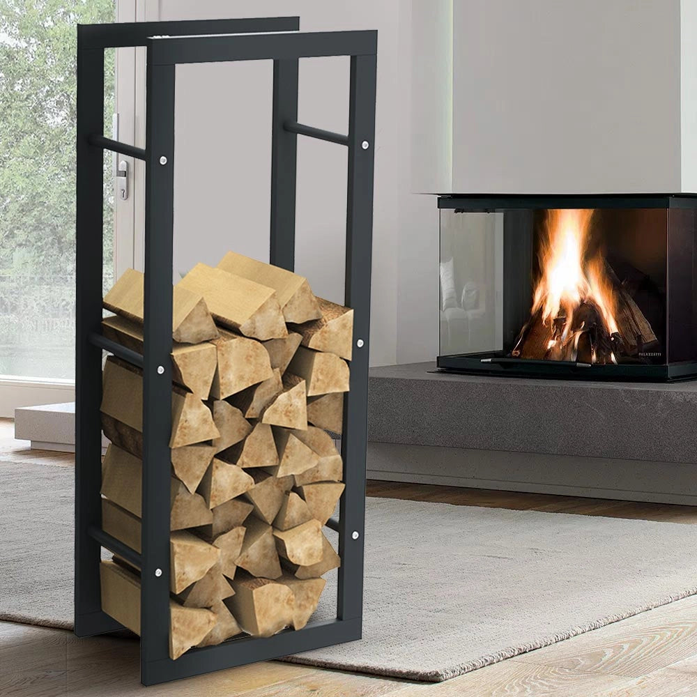 Portalegna in Metallo Verniciato Porta Legna Interno Esterno 100x40x25cm Nero