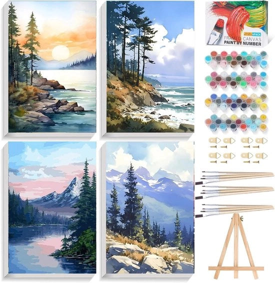 Pittura al numero - hobby per adulti - 4 pezzi - paesaggio - fai da te