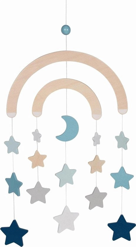 Mobile per bambini con stelle e luna - colori pastello azzurro chiaro - giocattolo in legno per bambini