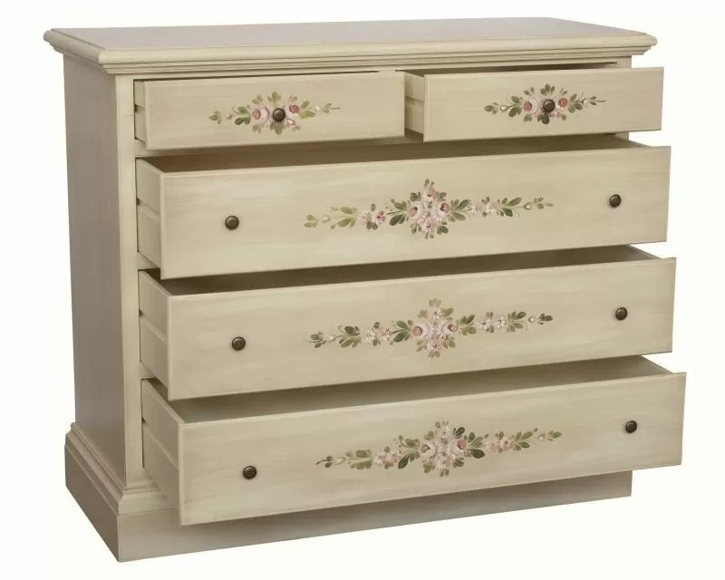 Cassettiera 5 cassetti legno shabby avorio anticato decori 117x51x101 - Mobili 2G