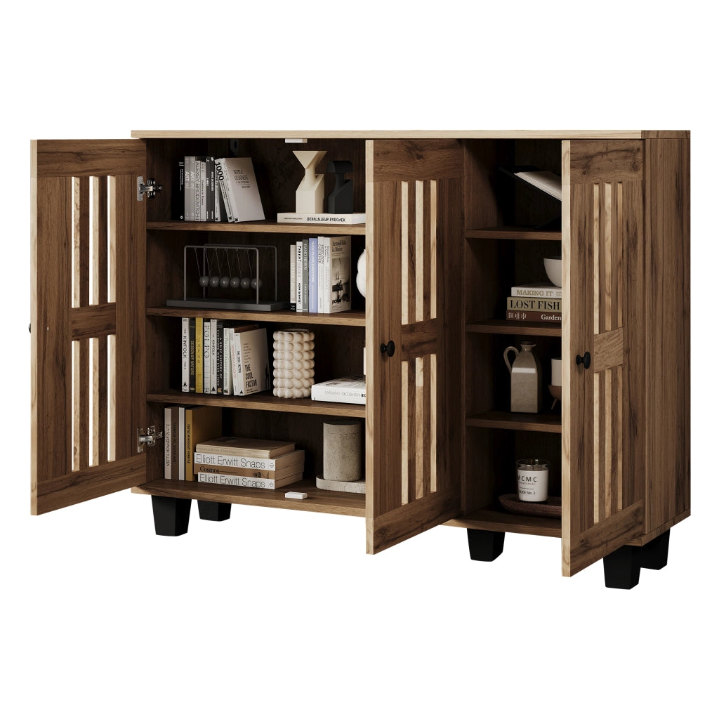 Credenza con 3 Ante a Listelli; 8 Vani e Piano d??Appoggio; Stile Naturale; in Pannelli di Particelle; 120??32??92 cm