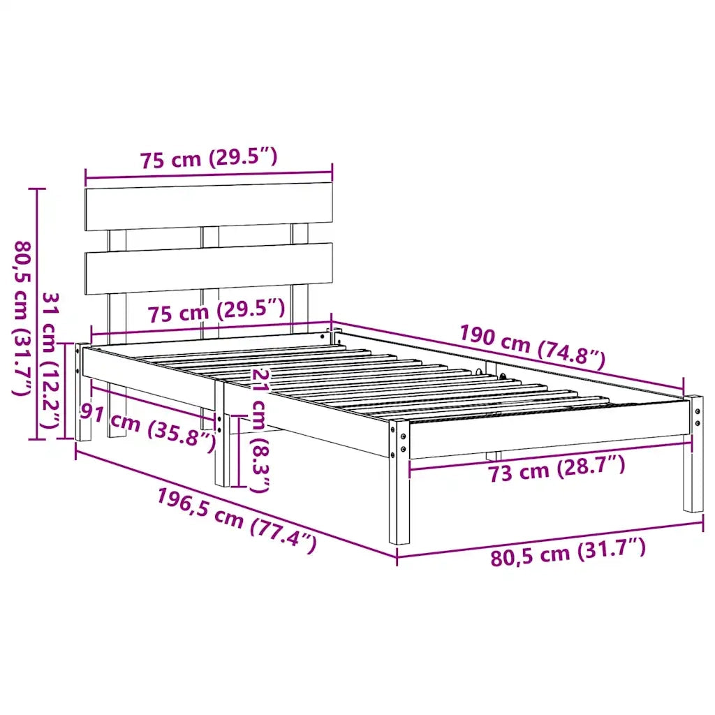 Struttura del letto Marrone 75 x 190 cm Legno massello di pino 872148
