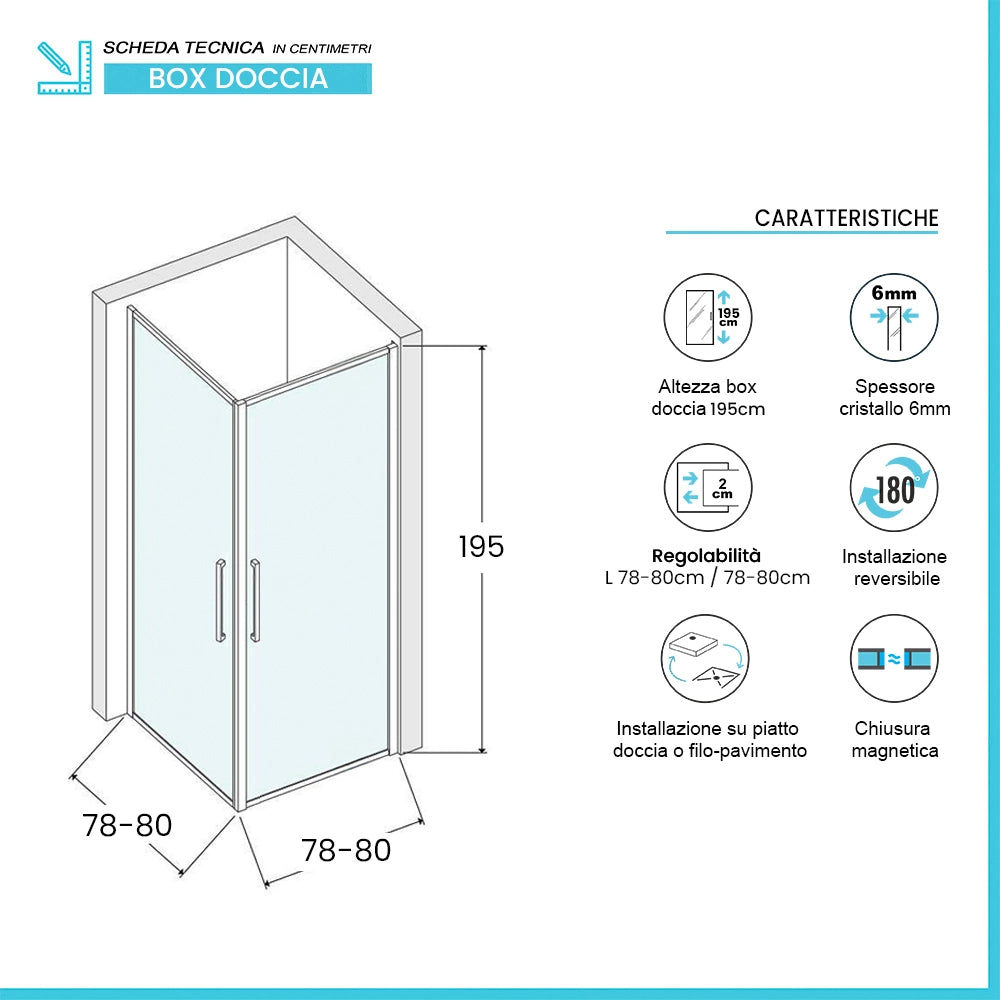 Box doccia angolare 80x80 in vetro temperato  doppio battente con profili nero Neos
