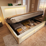Letto matrimoniale 160x200 cm con contenitore; LED; porte USB e Type-C; velluto beige