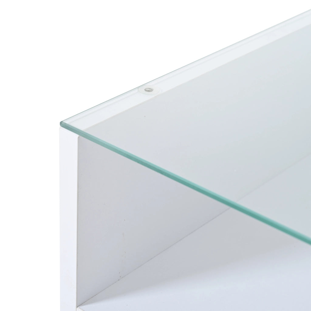 Tavolino da caffè 80x80x45 cm; sollevabile con LED e 2 cassetti; pannello truciolare e vetro temperato bianco