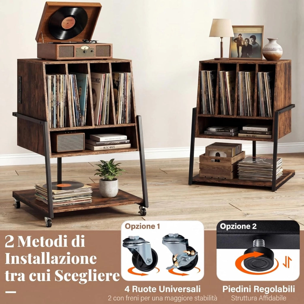 Supporto per Giradischi, Mobile Porta Giradischi con 4 Scomparti e Ripiani Aperti, Scaffale per Dischi in Legno con Ruote e Piedini Regolabili (Marrone Rustico, Con Presa di Corrente)