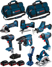 BOSCH Kit 18V BK801BAG (GDX 18V-180 + GSR 18V-55 + GBH 18V-21 + GKS 18V-LI + GST 18V-LI S + GWS 18-125V-LI + GLI 18V-300 + GSA 18V-LI C + 3 batterie da 4 ,0 Ah + Caricatore + 2 sacchetti)