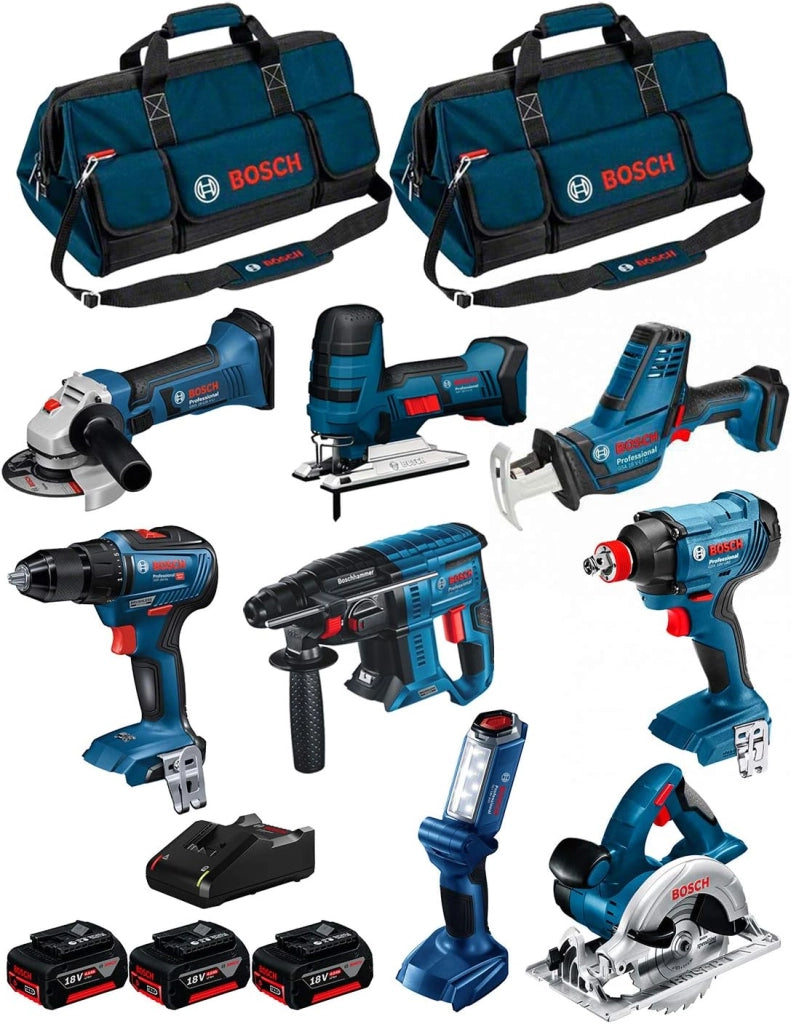 BOSCH Kit 18V BK801BAG (GDX 18V-180 + GSR 18V-55 + GBH 18V-21 + GKS 18V-LI + GST 18V-LI S + GWS 18-125V-LI + GLI 18V-300 + GSA 18V-LI C + 3 batterie da 4 ,0 Ah + Caricatore + 2 sacchetti)