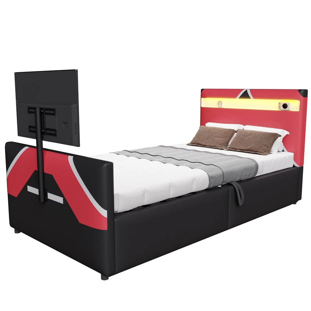 Letto Singolo Gaming 90x200 con LED, Contenitore Idraulico e Struttura Imbottita ¨C MINIMAL ¨C Nero