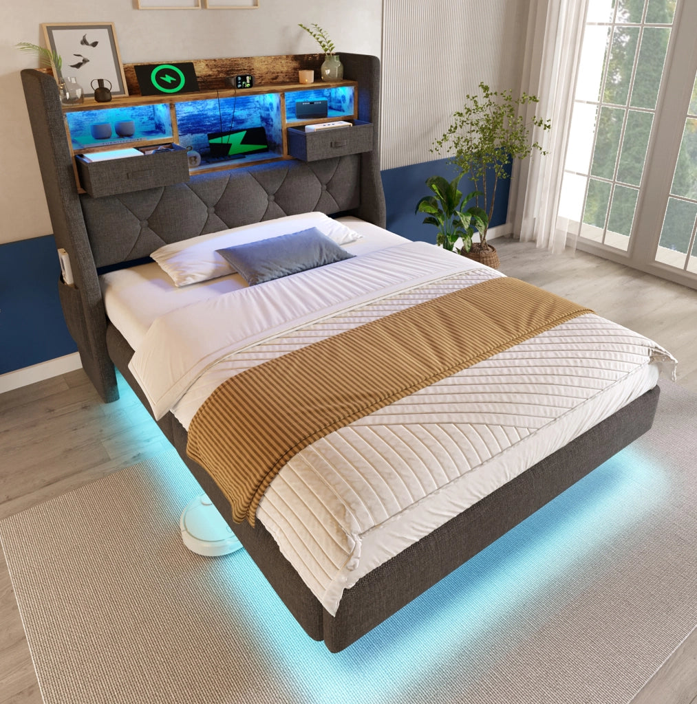 Letto imbottito 90x200 cm con LED; USB e USB C; testiera contenitore; lino grigio
