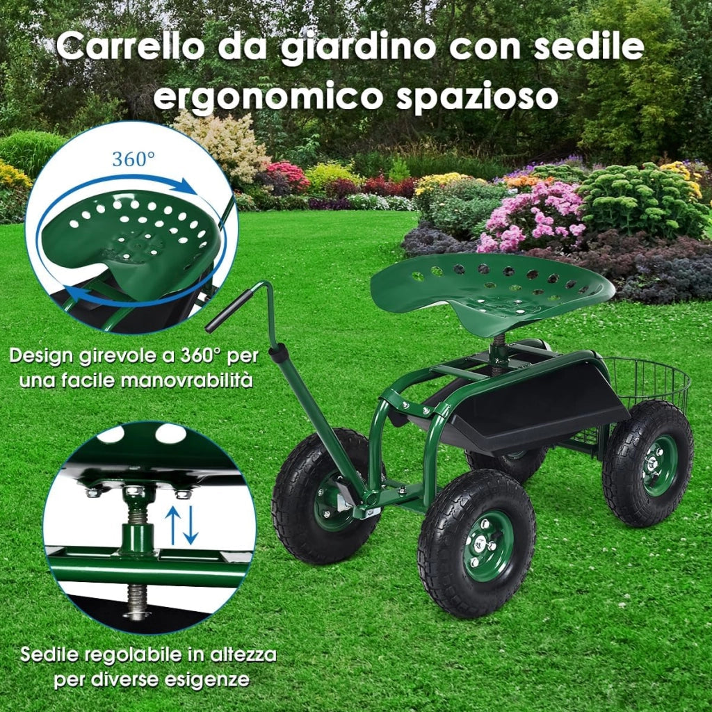 Sgabello per Giardinaggio con Ruote, Sedile da Giardino Regolabile in Altezza con Manico Estensibile, Cesto Portaoggetti, 2 Vassoi e 4 Ruote in Gomma (96,5 x 47,5 x 47-55 cm)