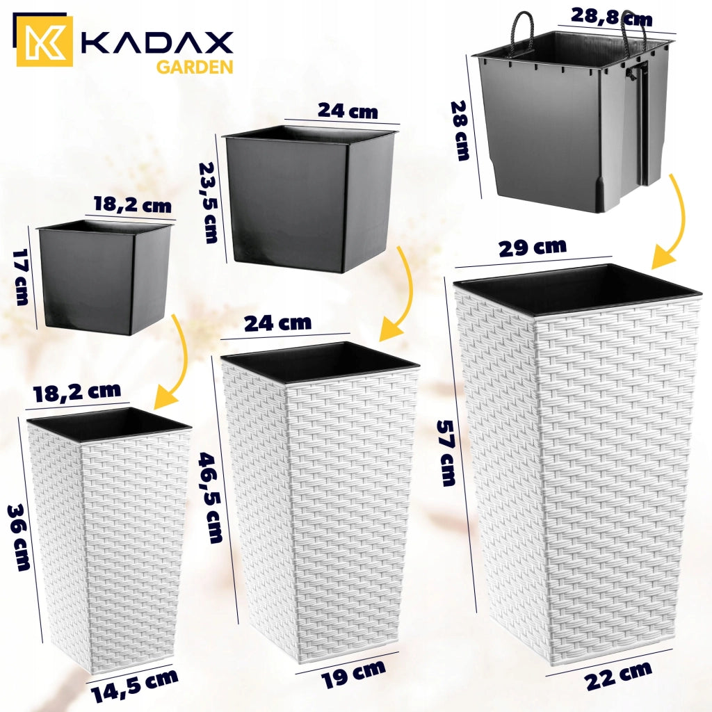 Set di 3 vasi da fiori KADAX, vasi da giardino + inserti, alti, grandi, bianchi, 37+47+57 cm