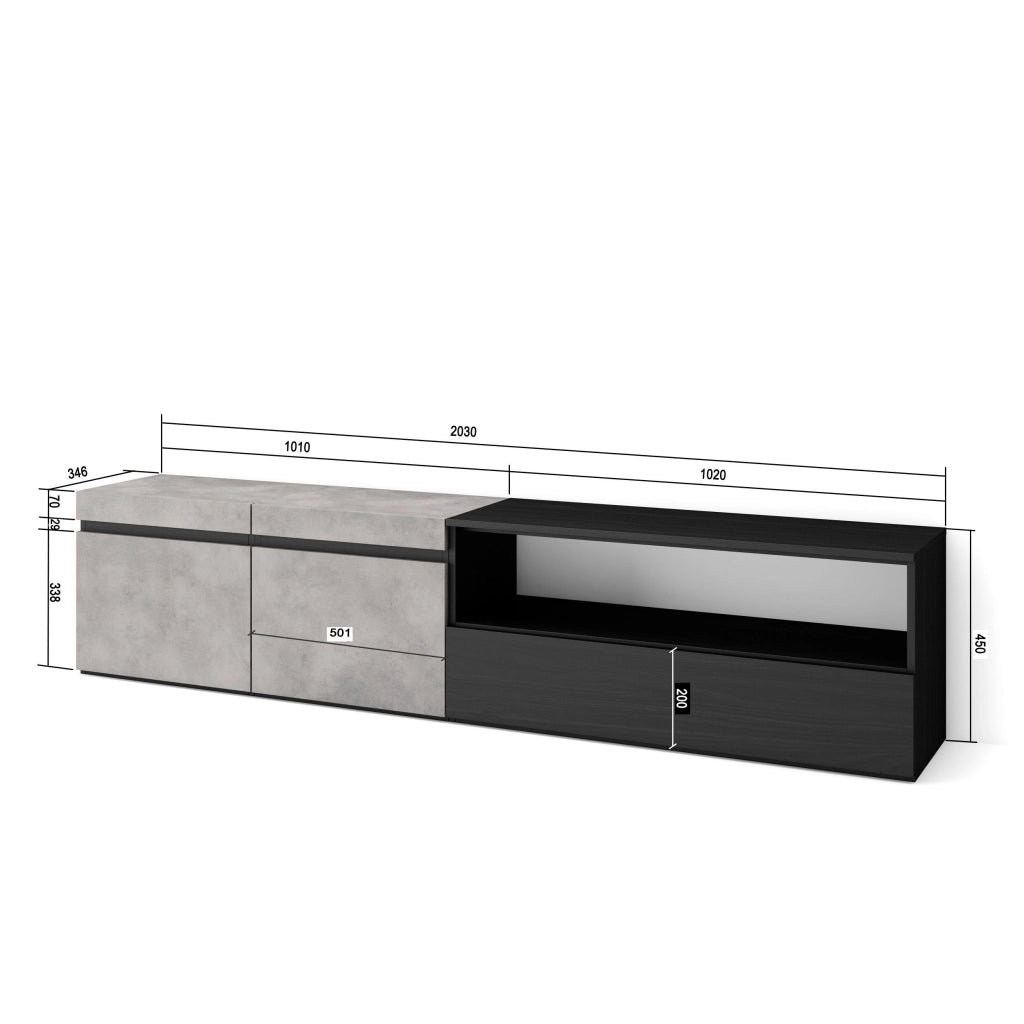 Mobile TV, 200x35x45cm, soggiorno, Per TV fino a 80", Mobile Soggiorno, grigio cemento RF2244