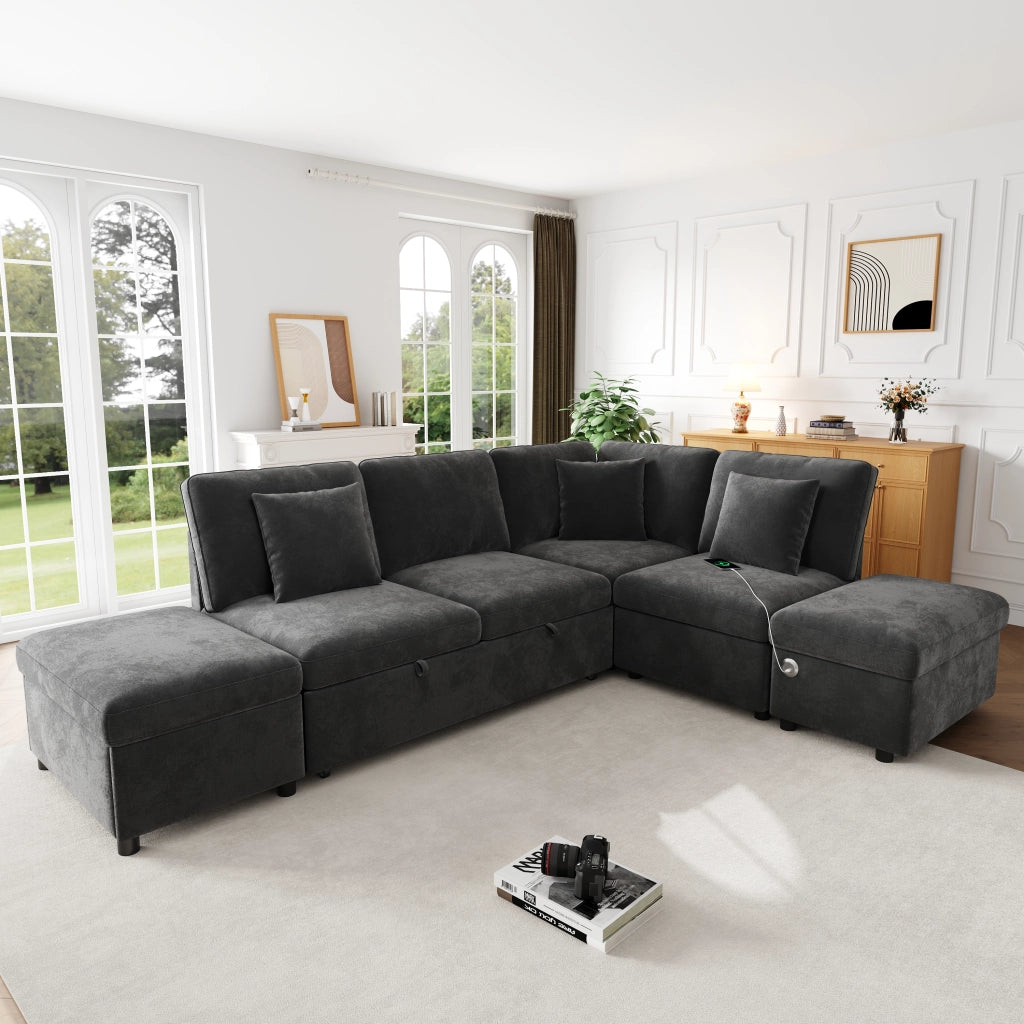 SOFA ANGOLARE MODULARE 247,5x172x87 cm in chenille grigio, con 2 pouf e 3 cuscini