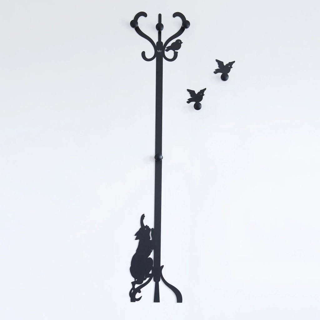 Appendiabiti Romeo e gli uccellini da parete in ferro con pomelli in legno, Design decorativo Made in Italy 30x130 cm, Stile romantico e creativo