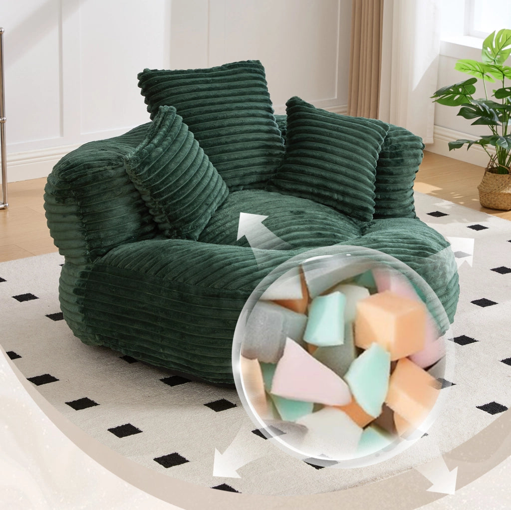 Sitzsack ergonomico in corduroy verde smeraldo 108x108x52 cm; con braccioli e schienale alto