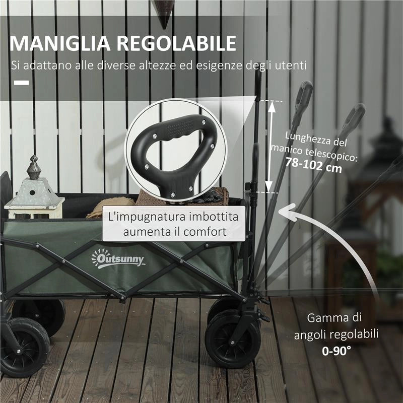 CARRELLO DA GIARDINO DA 95L PIEGHEVOLE CON PANNELLO APRIBILE IN ACCIAIO E POLIESTERE 125X48X78-102 CM VERDE