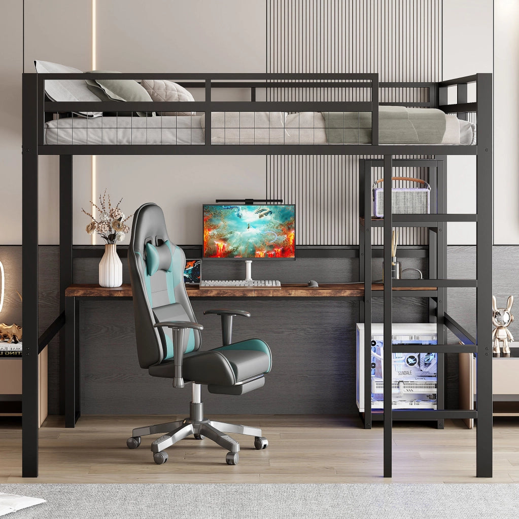 Letto a soppalco 140x200 cm con scrivania e ripiani; metallo; nero (Senza materasso)