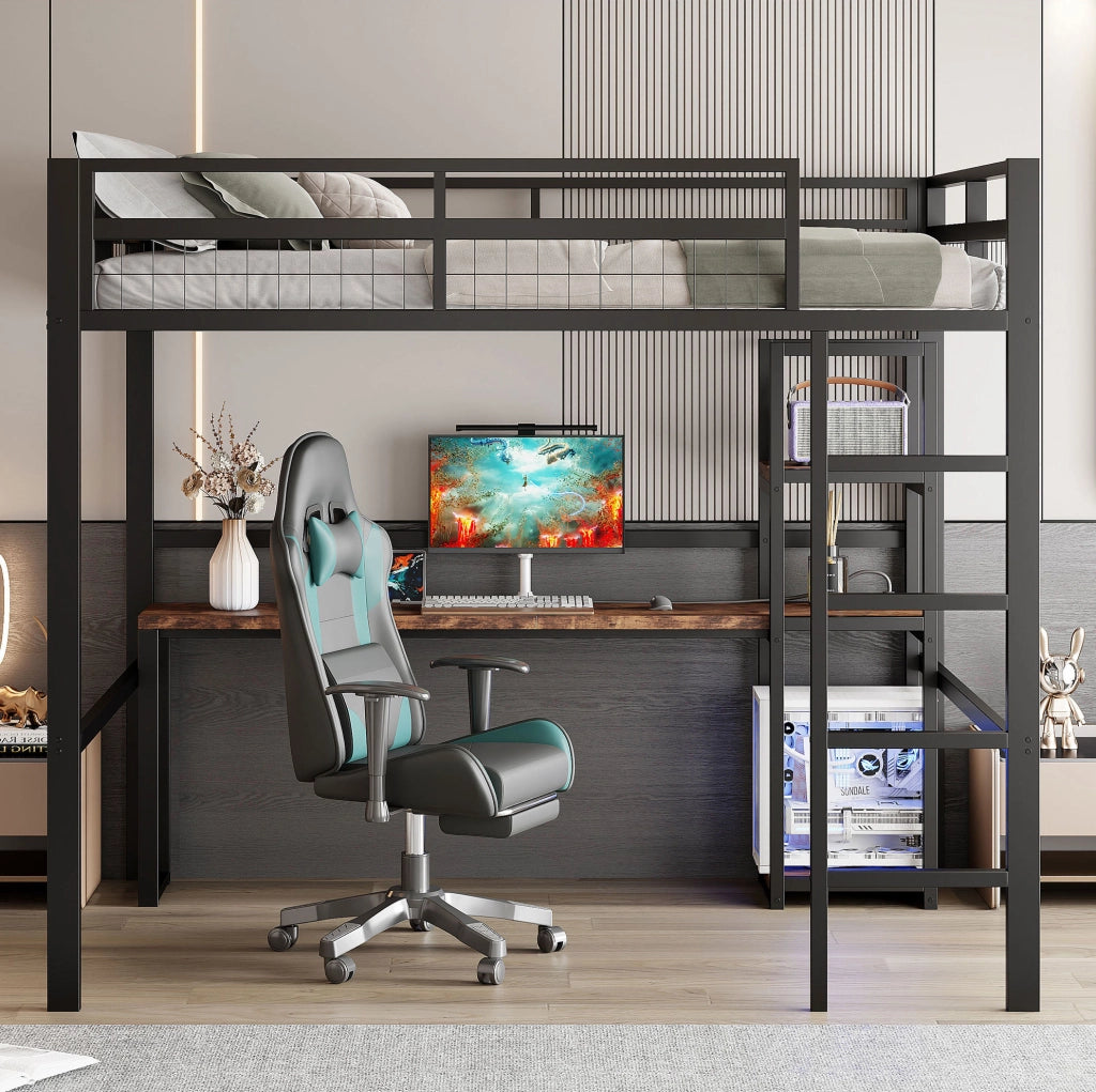 Letto a soppalco 140x200 cm con scrivania e ripiani; metallo; nero (Senza materasso)