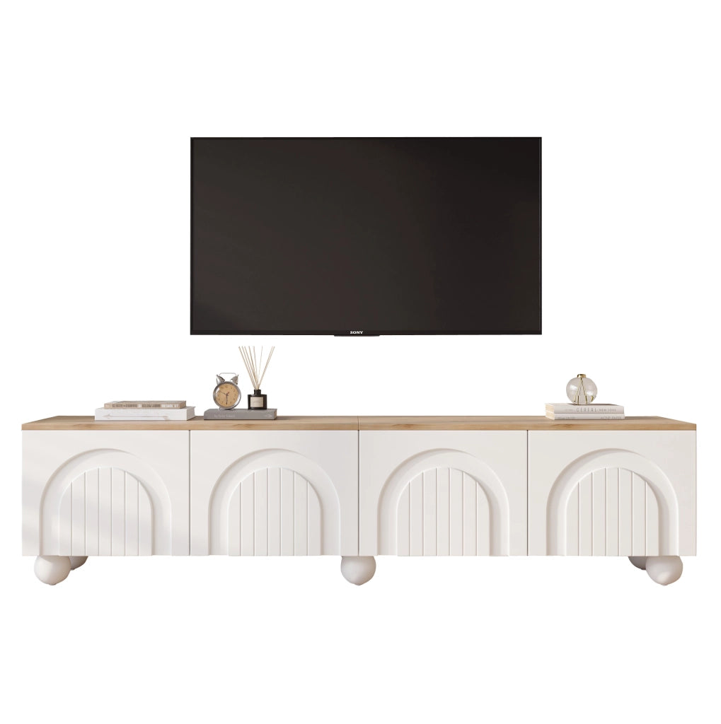 Mobile TV 180x40x45 cm con 4 ante e 6 gambe in metallo MDF bianco e naturale