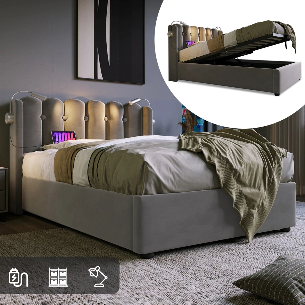 LETTO Contenitore 90x200 cm Velluto Grigio con materasso incluso
