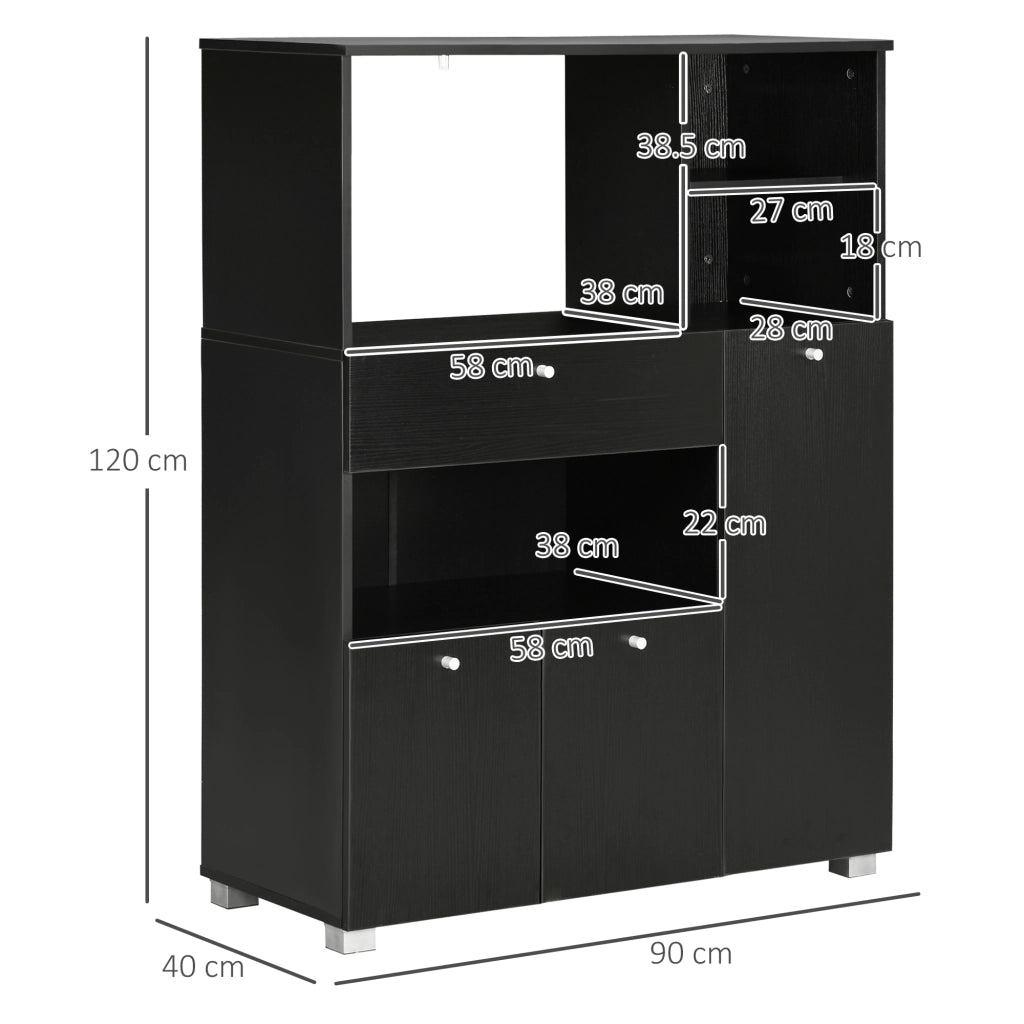 Credenza da Cucina in Legno per Microonde con Armadietti, Mensole e Cassetto, 90x40x120 cm, Nero