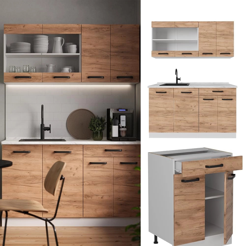 Cucina monoblocco R-Line, Quercia dorata, 140 cm PL Antracite, adatto a spazi piccoli, espandibile in modo modulare
