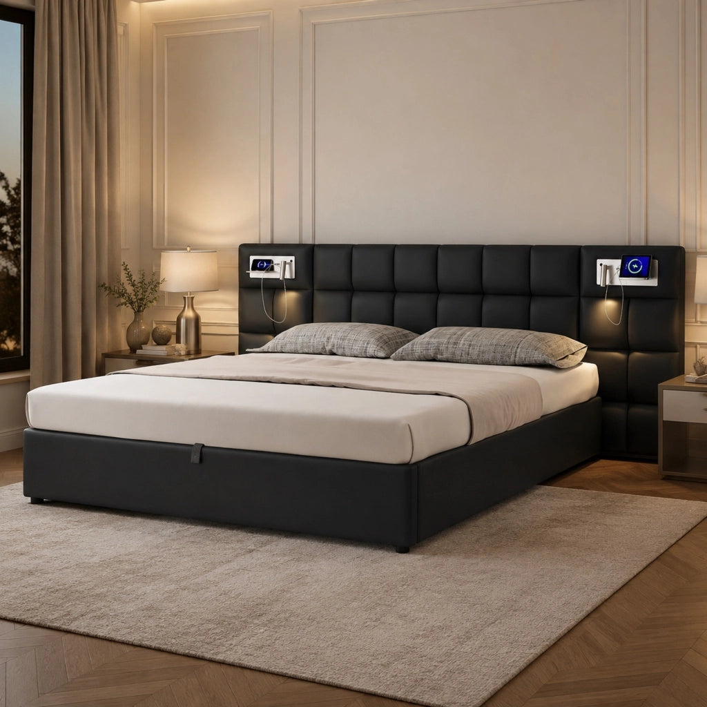 LETTO Imbottito 180 x 200 cm PU Nero con USB, ricarica wireless e luce