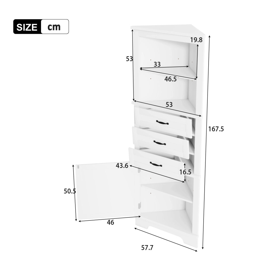 Mobile angolare da bagno con 1 anta, 3 cassetti e ripiani regolabili, per bagno, in MDF, bianco, 57,7 × 46 × 167,5 cm