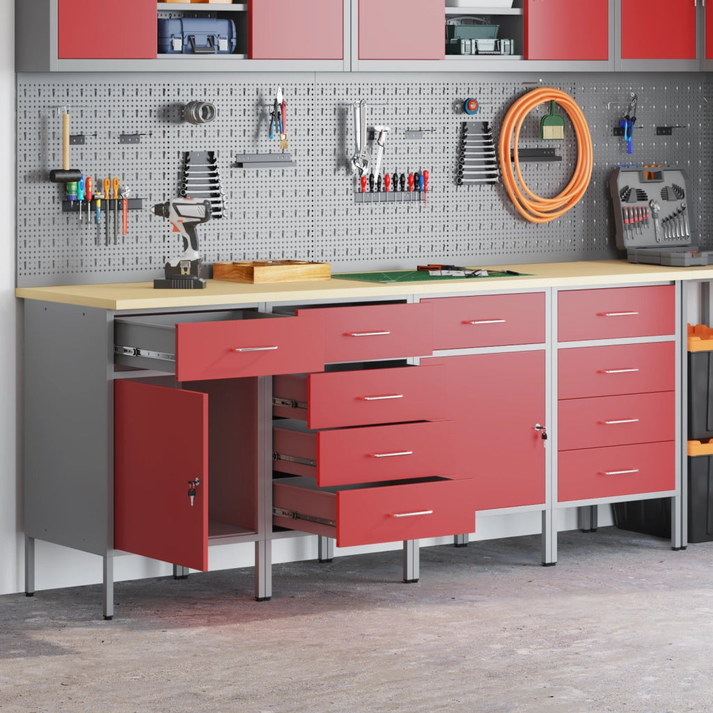 Set di mobili da lavoro 4 pezzi rosso e grigio in legno ingegnerizzato e acciaio