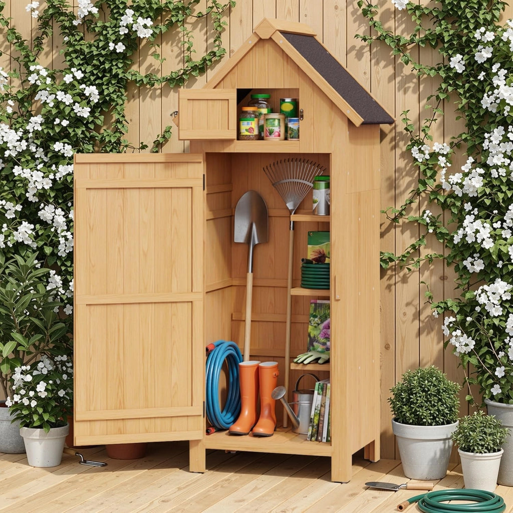 Armadio per Giardino, Casetta per Strumenti in Legno, Riposizione per Strumenti di Giardino con Ripiani con Tetto di Asfalto, per Prato, Giardino, Cortile, 77x54,2x179cm, Grigio (Natural)