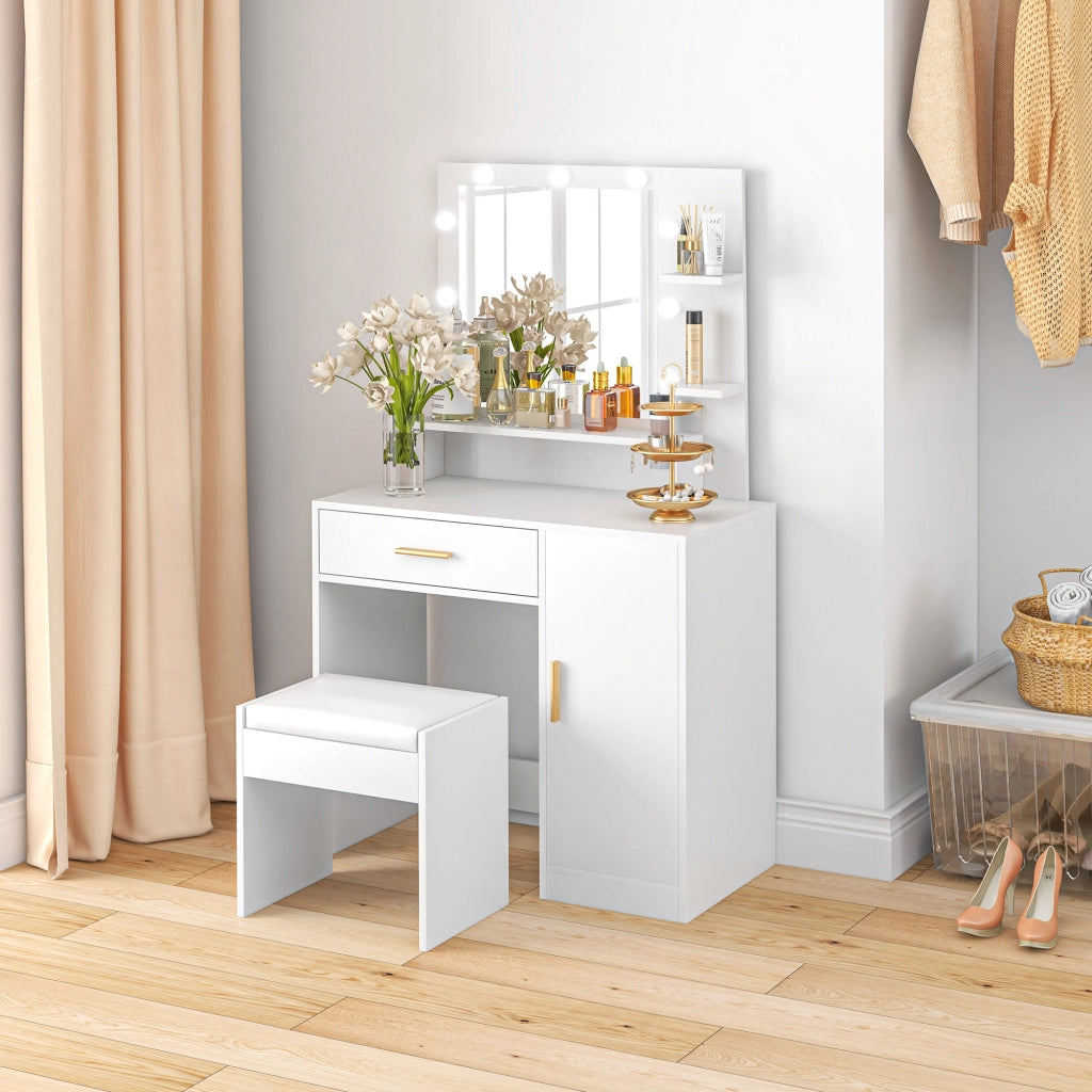 Cassettiera da trucco con specchio LED e sgabello ¨C zephmum ¨C bianco 60x40x