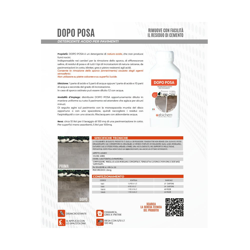 Abichem 1lt dopo posa detergente acido per pavimenti