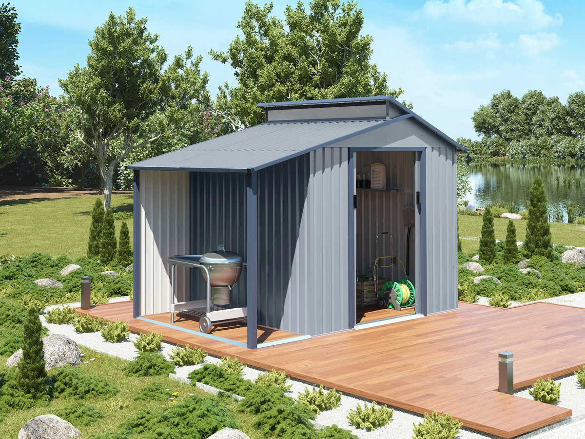 Capanno da giardino in metallo con pergola "Madras" - 5,64 m² -  Grigio