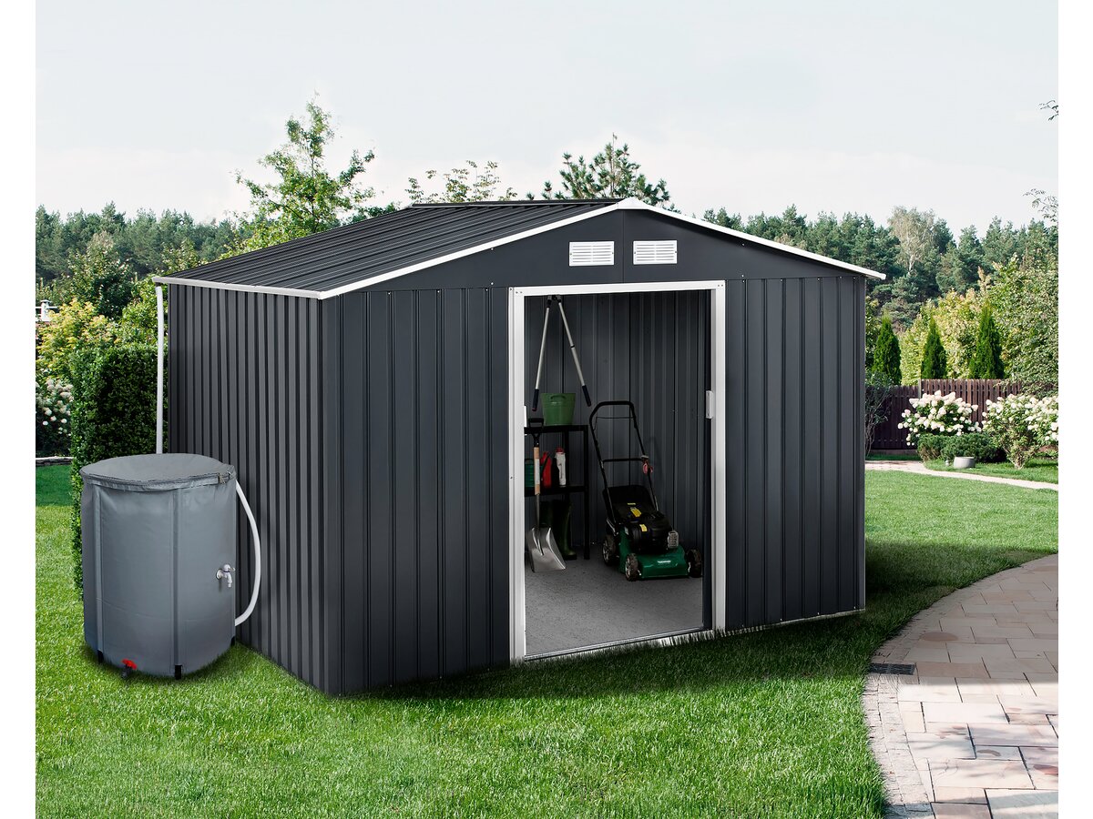 Capanno da giardino in metallo - "Vegas" - 7,06 m² con grondaia e serbatoio per il recupero dell'acqua