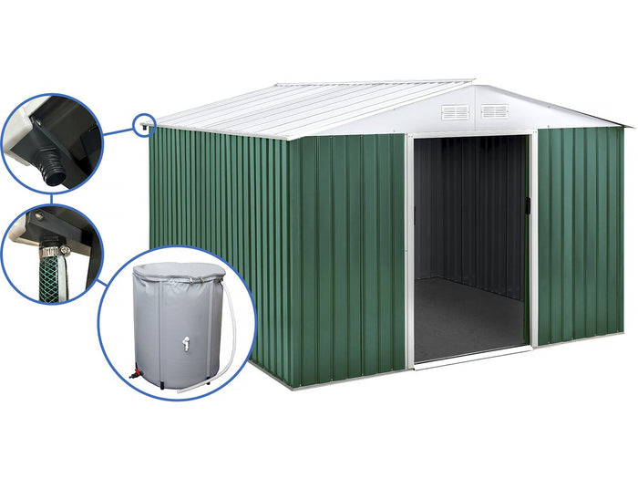 Capanno da giardino in metallo - "Rosas " - 10,85 m² con serbatoio per il recupero dell'acqua e grondaia