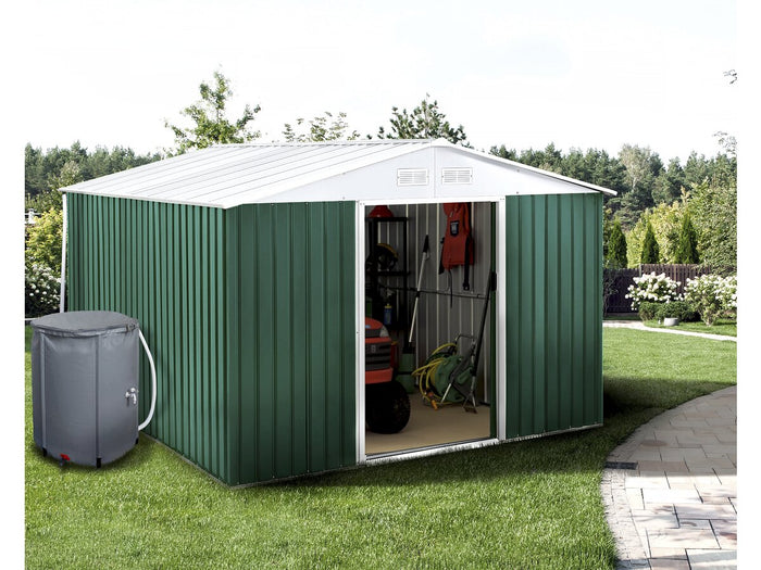 Capanno da giardino in metallo - "Rosas " - 10,85 m² con serbatoio per il recupero dell'acqua e grondaia